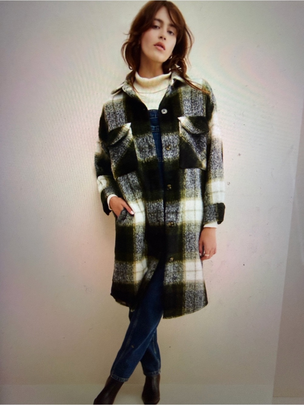 Steve Madden Olive, Cream & Black Plaid Oversized Chloe Shirt Jacket